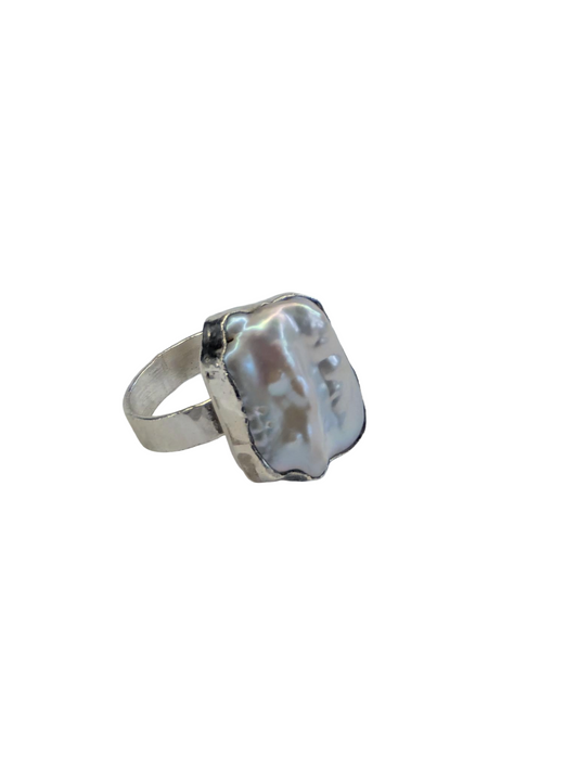 Bezel Set Baroque Pearl Ring - Textured
