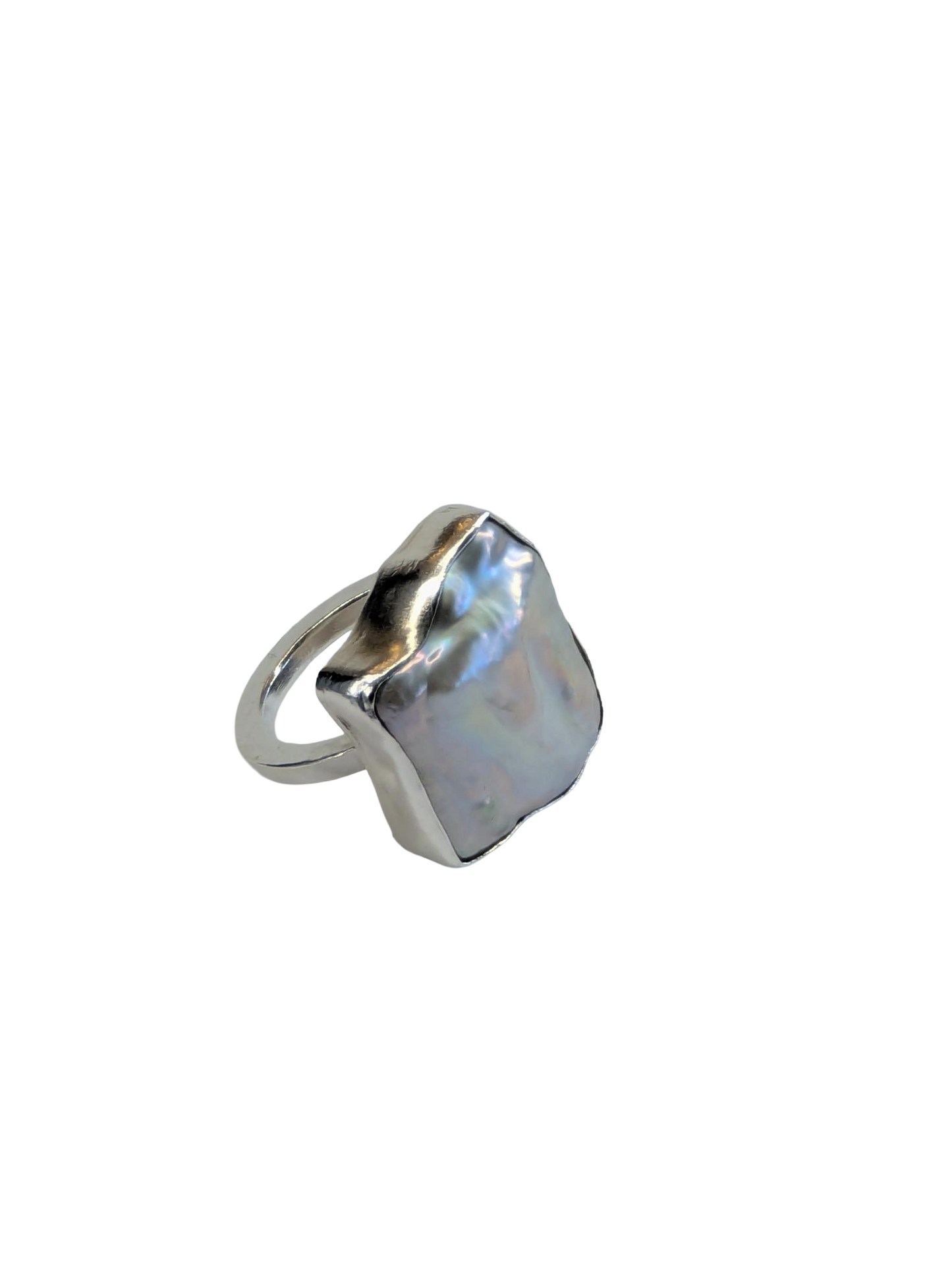 Bezel Set Baroque Pearl Ring - White Iridescent